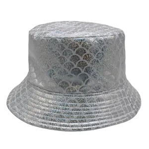Close-up of holographic silver bucket hat with fish scale texture and shiny sequins