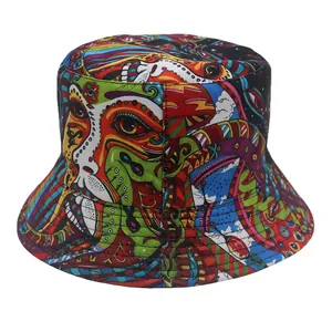 Detailed view of bucket hat featuring psychedelic street art prints of mushrooms and eyes