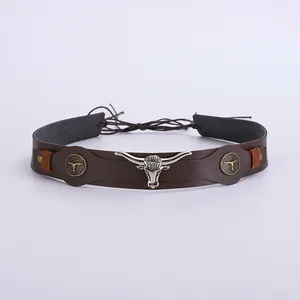 Bandeau de chapeau cowboy vintage en cuir avec tête de taureau argentée et sangle
