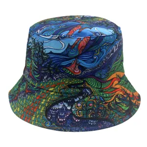 Detail of artistic oil painting print on cotton bucket hat with mountain wave patterns