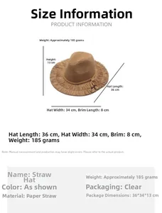 Detail view of summer straw sun hat showing dimensions and raw fringe edges texture