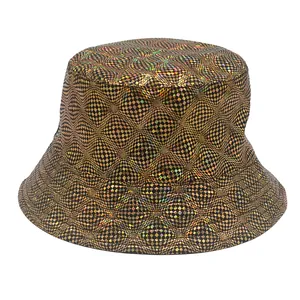 Holographic checkerboard bucket hat with rainbow metallic laser finish and flat top brim
