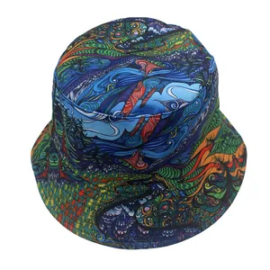 Close-up of bucket hat with colorful psychedelic graffiti patterns and eye textures