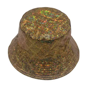 Detail shot of holographic gold checkered bucket hat with shiny metallic finish texture