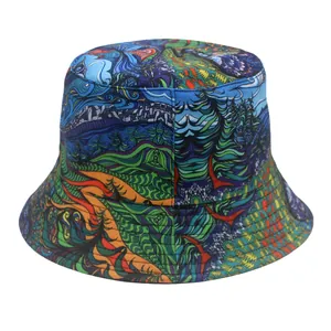 Close-up of the durable canvas fabric with colorful abstract wave prints on a bucket hat