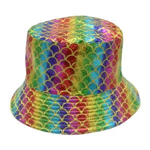 Fashion Metallic Laser Bucket Hat Mermaid Scale Checkered Pattern Women Men Rainbow Gold Silver Sun Protection Festival Party Hat