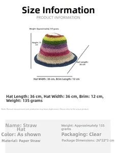 Detailed size chart and specifications for foldable rainbow handmade straw sun hat