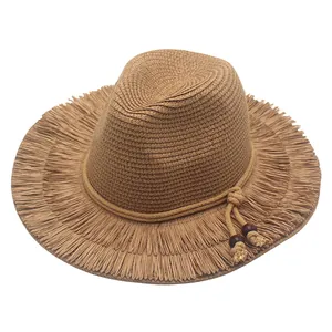 Women's Vintage Straw Sun Hat Large Wide Brim Fringe Beach Vacation Paper Straw Hat With Wooden Beads For Summer