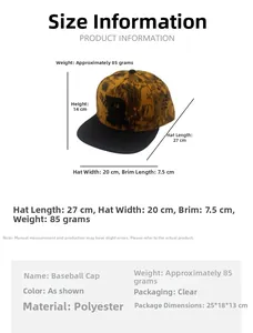 Detailed size specifications for hip-hop cap showing height, width, and brim length