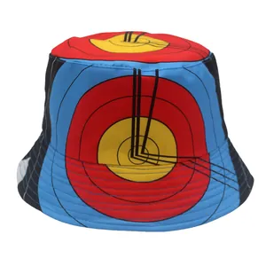 Unisex bucket hat featuring a vibrant red blue and yellow target print for sun protection