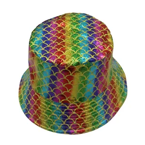 Rainbow mermaid scale bucket hat with holographic gradient for outdoor sun protection