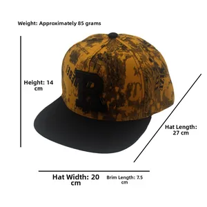 Detailed size specifications and weight for the yellow graffiti hip hop flat brim hat