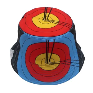 Close-up of fabric texture and stitching on colorful target pattern bucket hat