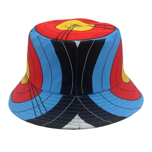 Close-up of the bucket hat featuring colorful abstract geometric print and fabric texture