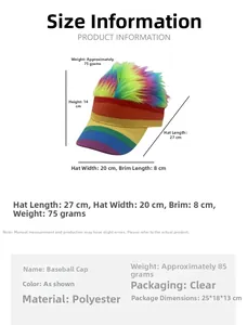 Größentabelle für Regenbogen Perücke Baseballkappe mit Maßen 14x27x20cm und 8cm Schirm