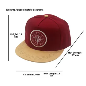 Detailed compass embroidery on two-tone burgundy hip hop hat with size dimensions