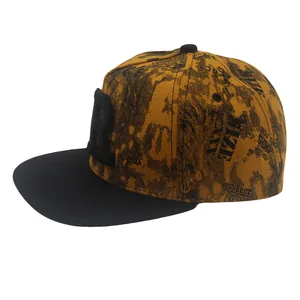 Snapback hip hop cap with 3D letter R embroidery and graffiti pattern in yellow and black