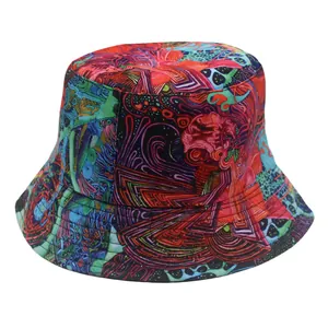 Detail of colorful abstract graffiti bucket hat with multi-row stitched brim and vibrant print