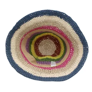 Foldable handmade rainbow striped straw sun hat with wide brim for UV protection