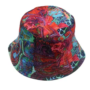 Detailed top view of a bucket hat with vibrant abstract colorful psychedelic prints