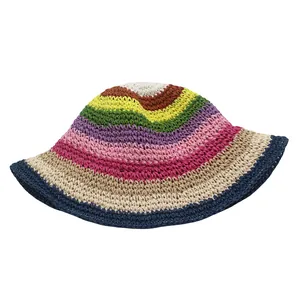 Foldable rainbow striped handmade straw sun hat with wide brim for UV protection