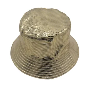Close-up of metallic gold bucket hat featuring premium textured grid fabric and stitching