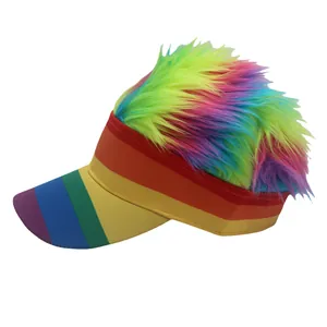 Rainbow striped baseball cap with colorful synthetic wig for holiday party dress up