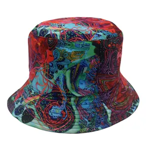 Close-up of vibrant psychedelic art pattern and stitching on printed bucket hat