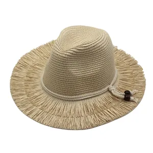 Vintage wide brim straw sun hat for women with bohemian tassel edges and wood bead trim