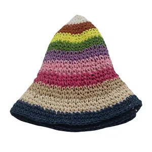 Foldable rainbow striped handmade straw hat with wide brim for sun protection