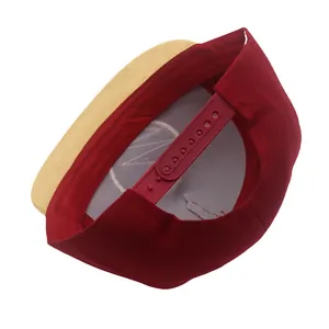 Detail of adjustable snapback closure and interior mesh of red and yellow hip hop cap