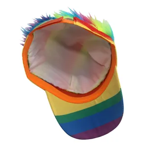 Rainbow striped baseball cap with colorful synthetic wig hair for party and holiday fun