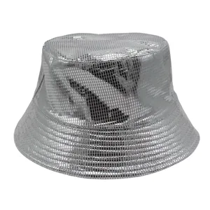 Silver disco style bucket hat with metallic grid texture for outdoor sun protection