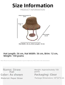 Guide des tailles détaillé pour chapeau en paille de papier avec dimensions précises