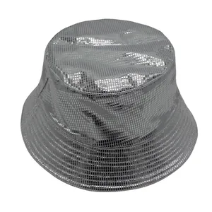 Detail of silver metallic checkered fabric on disco style sun protection bucket hat