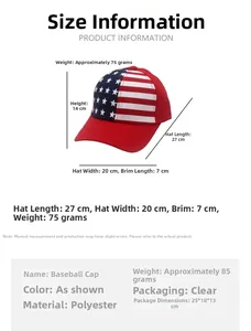 Detailed sizing chart and specifications for the American flag polyester baseball cap