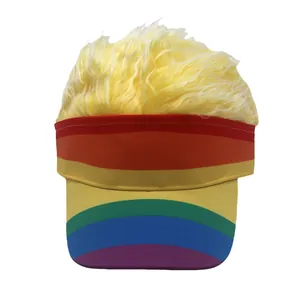 Detailed view of rainbow striped baseball cap with fluffy golden blonde wig attachment