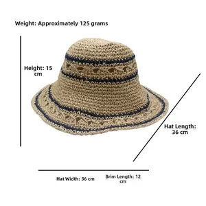 Detail showing dimensions of beige straw sun hat with 12cm wide brim and hollow weave