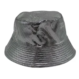 Close-up of metallic silver bucket hat featuring fine square grid texture and glossy finish