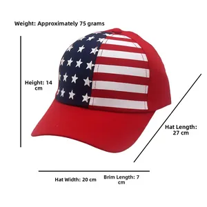 Detailed measurement diagram of red US flag baseball cap showing dimensions and 75g weight