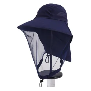 Dark blue outdoor sun hat with wide brim, mesh face shield and protective neck flap