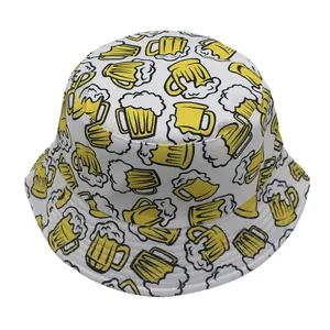 Detailed close-up of a white bucket hat featuring cartoon beer mug prints on canvas