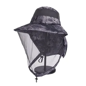 Outdoor mosquito hat with camouflage print and protective mesh veil for fishing and camping