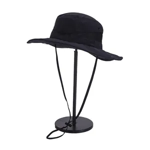 Quick-dry wide brim sun hat in black with breathable mesh and adjustable chin strap