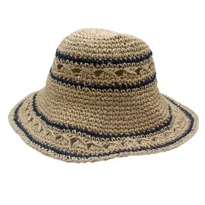 Japanese Style Foldable Paper Straw Sun Hat Large Brim Hollow Crochet Bucket Hat For Women Beach Vacation Sunshade Hat