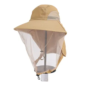Khaki outdoor mosquito hat with wide brim and fine mesh net for sun protection and fishing