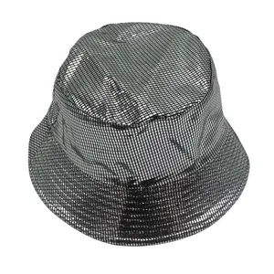 Close-up of the silver disco fisherman hat featuring a reflective metallic grid pattern