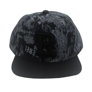 Flat brim hip hop hat with vintage newspaper texture and black 3D embroidered R letter