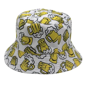 Detail of white bucket hat featuring yellow beer glass prints and reinforced stitching