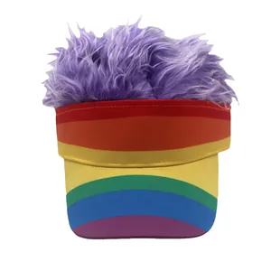 Detail of rainbow striped visor hat with eccentric long purple faux hair for party costumes